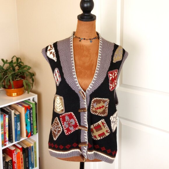 Vintage 90s Patchwork Knit Black & Grey Sweater Vest Hunt Club - Picture 1 of 5